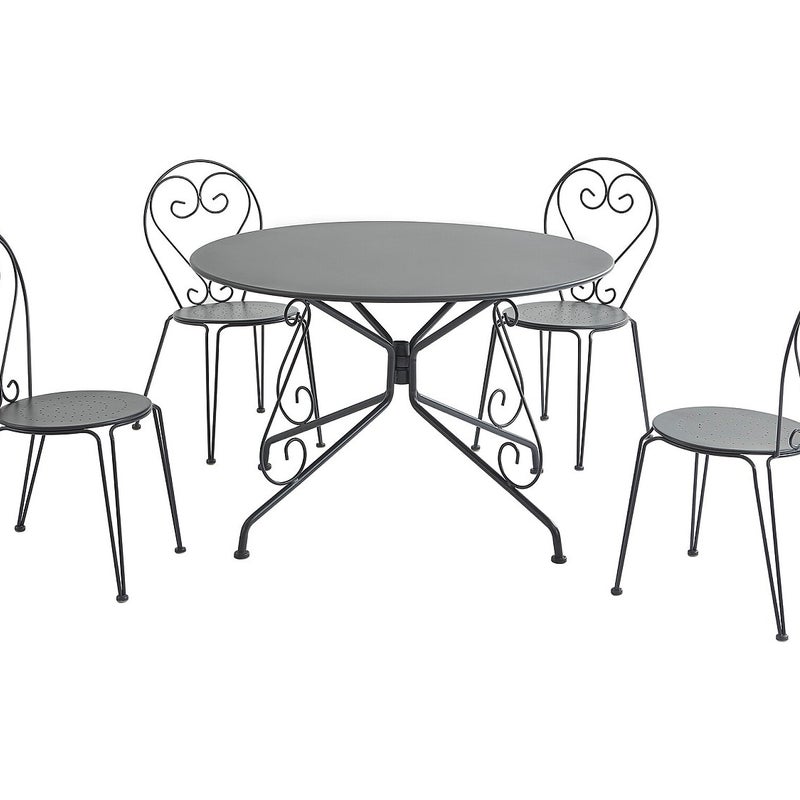 Zestaw mebli ogrodowych jadalnianych z metalu: stół o śr. 120 cm i 4 sztaplowane krzesła z efektem kutego żelaza - Antracytowy - GUERMANTES marki MYLI