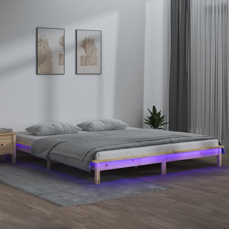 Łóżko Drewniane Brązowe Rama Łóżka Stelaż Do Pokoju Sypialni LED 140x190 cm