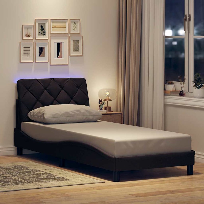 Łóżko Tapicerowane Brązowa Tkanina Rama Łóżka Ze Stelażem LED 90x200 cm