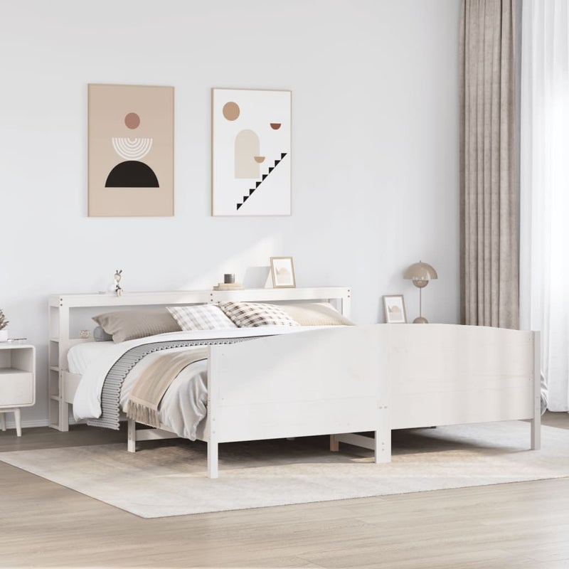Łóżko Drewniane z Regałem Rama Łóżka Ze Stelażem Biała 180x200 cm