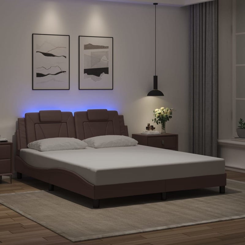 Łóżko tapicerowane rama łóżka ze stelażem brąz skóra led 160x200 cm