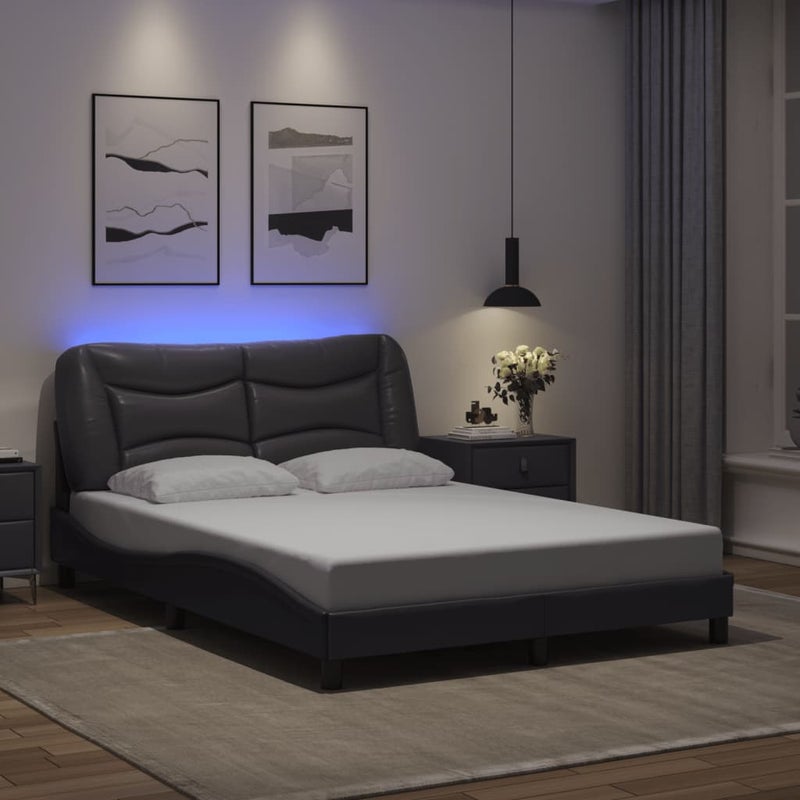 Łóżko Tapicerowane Rama Łóżka Ze Stelażem Szara Ekoskóra LED 120x200 cm