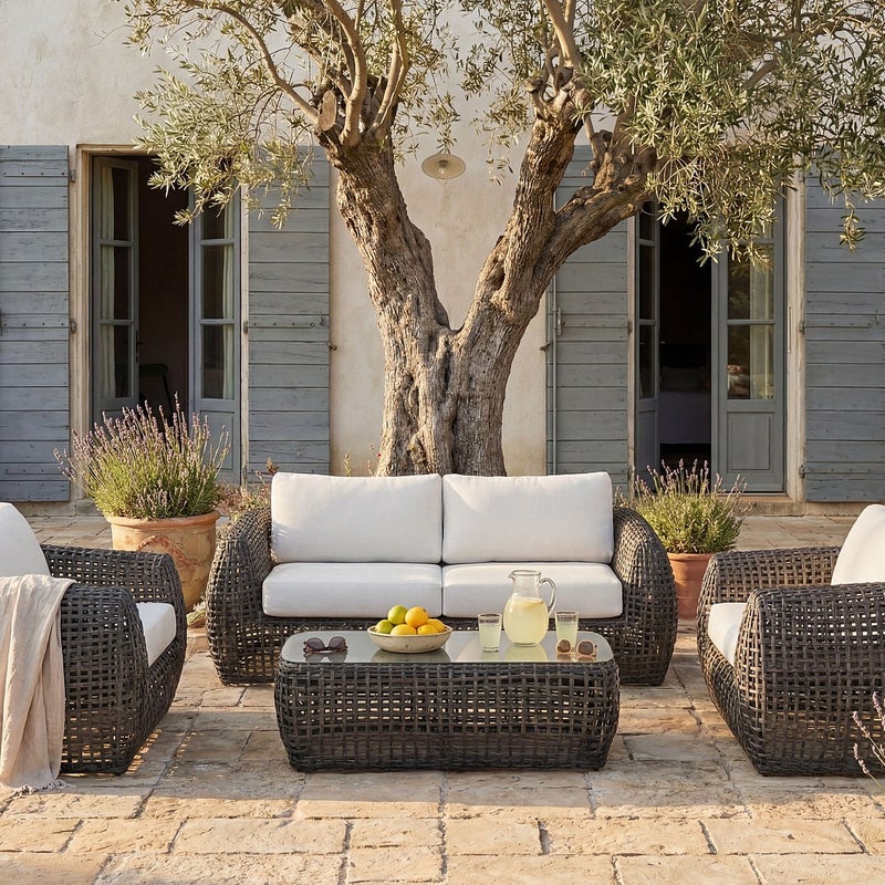 Zestaw mebli ogrodowych z plecionej żywicy : 2-osobowa Kanapa ogrodowa, 2 fotele i 1 stolik kawowy - Antracytowy z białymi poduszkami - VEYRO od MYLI