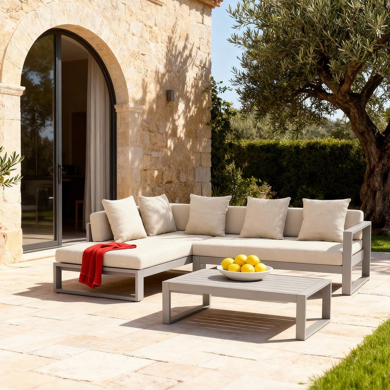 Zestaw ogrodowy narożny z aluminium: kanapa narożna i stolik kawowy - Kolor taupe - MOLOKAI od MYLIA