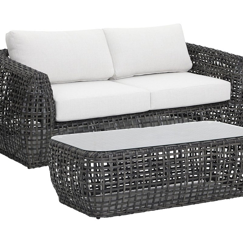 Zestaw mebli ogrodowych z plecionej żywicy: kanapa ogrodowa 2-osobowa i 1 stolik kawowy - Antracytowe z białymi poduszkami - VEYRO od MYLIA