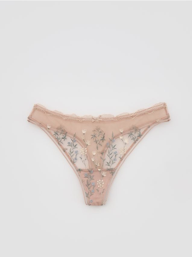 Reserved - Majtki typu stringi z haftem - beżowy