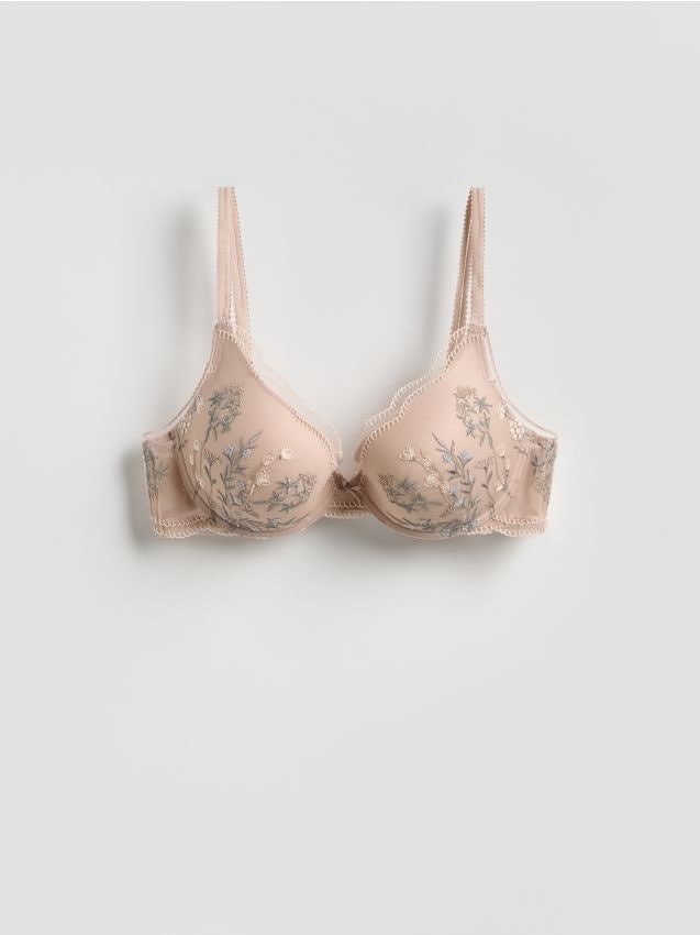 Reserved - Biustonosz push up z haftem - beżowy