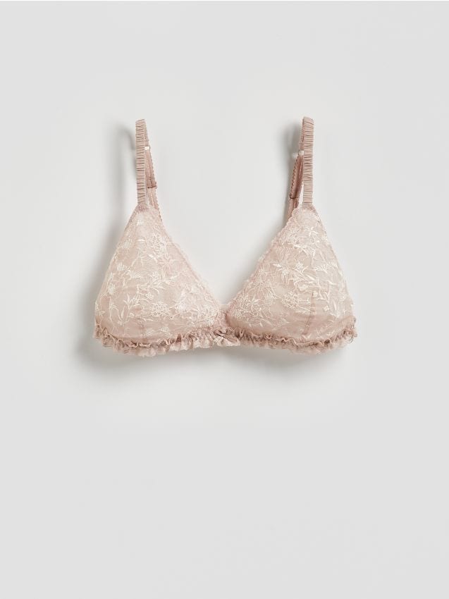 Reserved - Miękki biustonosz z haftem - beżowy