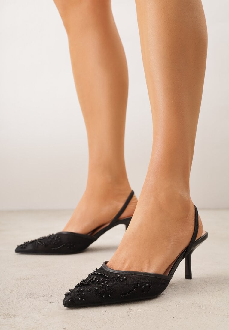 Czarne Siateczkowe Czółenka na Szpilce z Haftami i Perełkami Branira