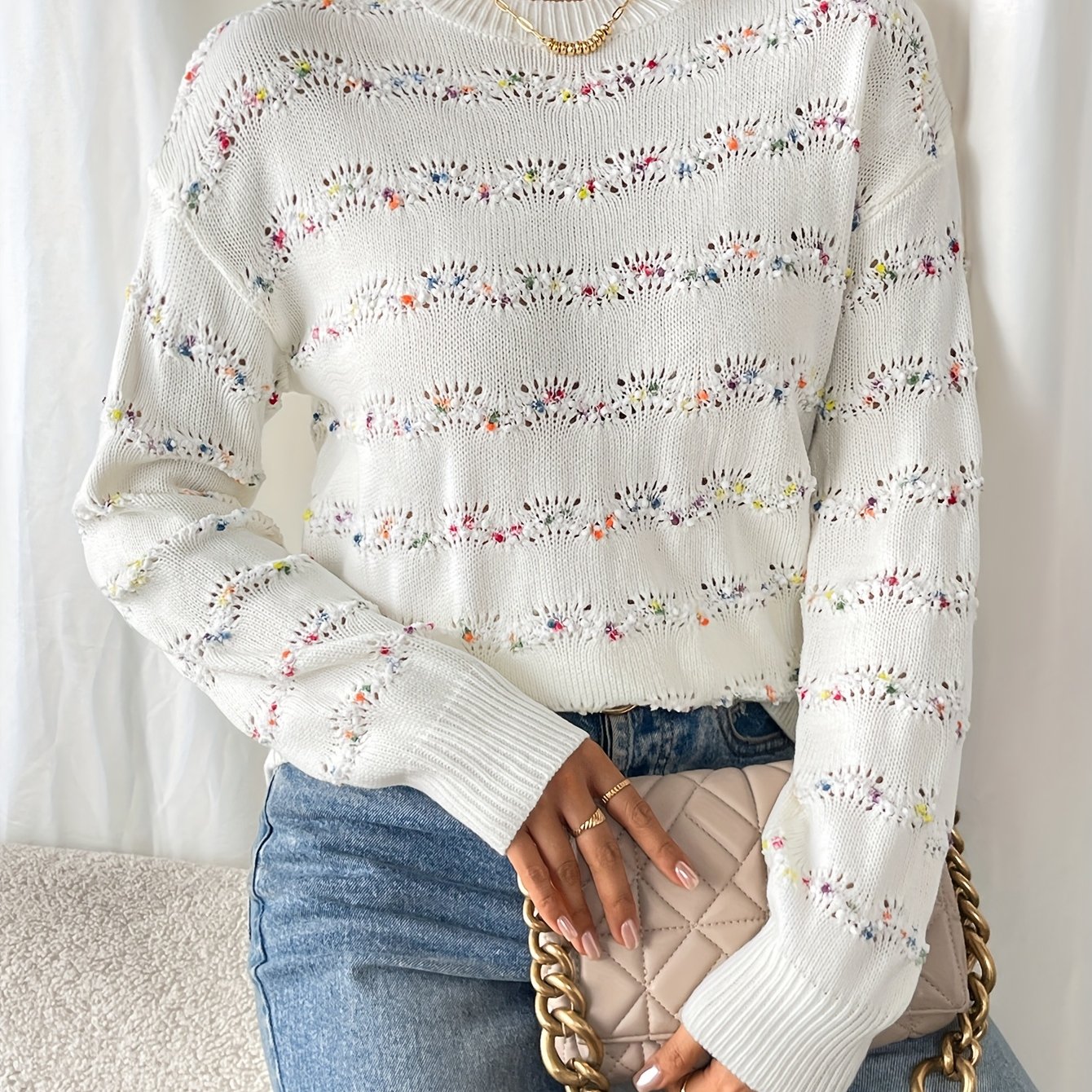 TEMU Elegancki damski sweter z okrągłym dekoltem, z wykrojnymi, kolorowymi kropkami