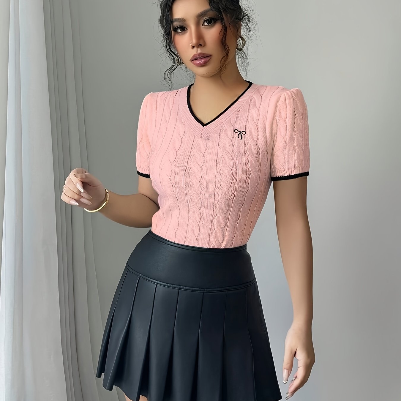 TEMU Sweter damski z dekoltem w kształcie , V-neck, z haftowaną kokardą w ośmiokrotnym wzorze, casualowy i elegancki