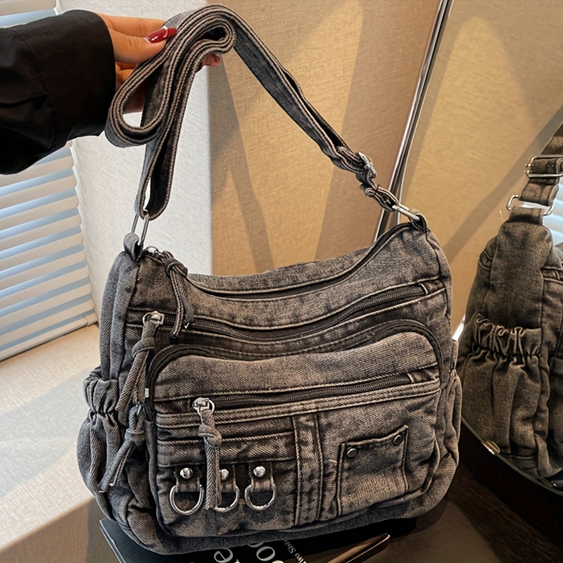 TEMU Damska Wielofunkcyjna Torba Vintage z Wieloma Zamkami, Regulowanym Paskiem na Ramię/Przez Ramię, Przestronnym Wnętrzem i Kieszeniami na Zamek -