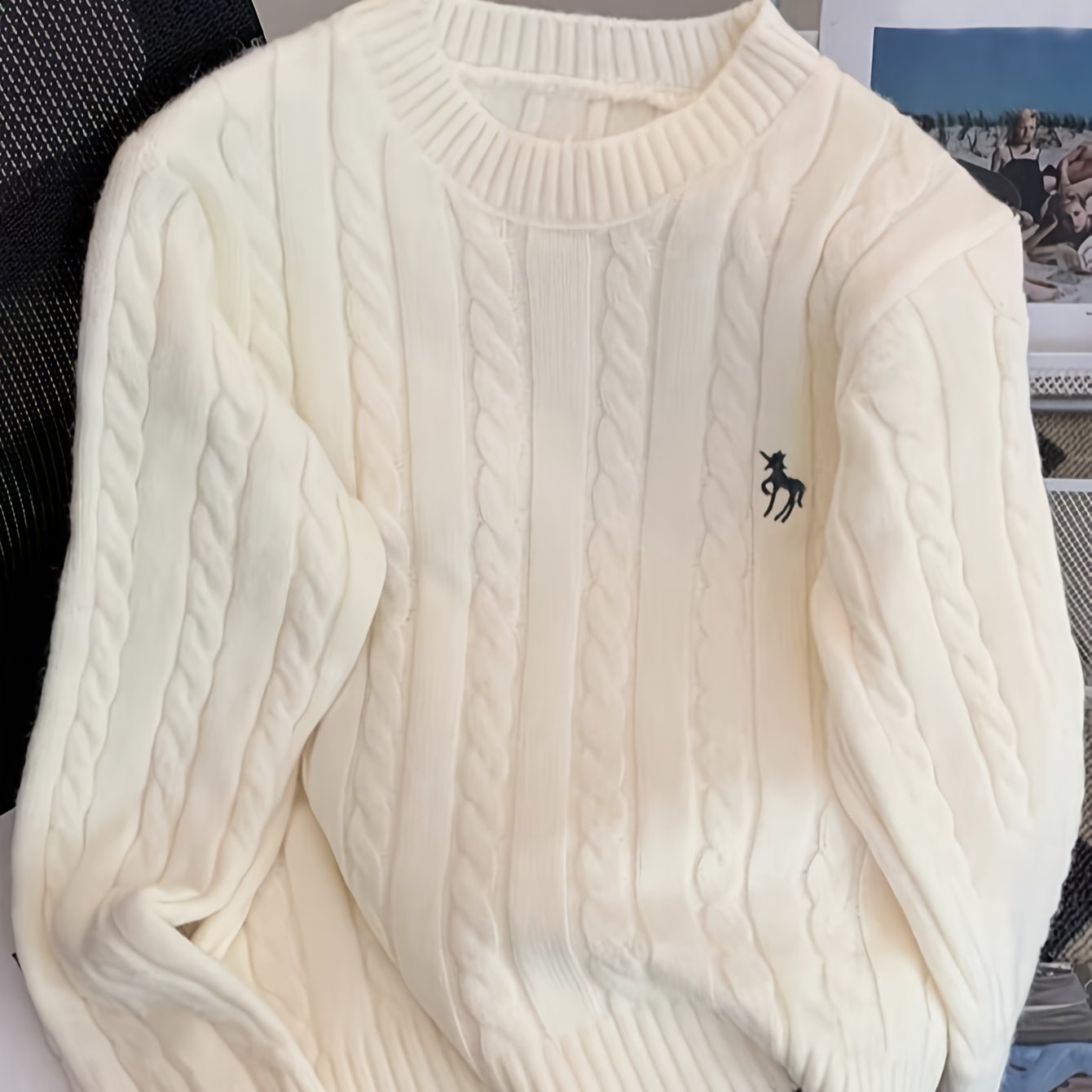 TEMU Jesień- Lazy Style Haftowany Okrągły Dekolt Sweter z Kablem dla Kobiet, Nowy Luźny Kardigan Top