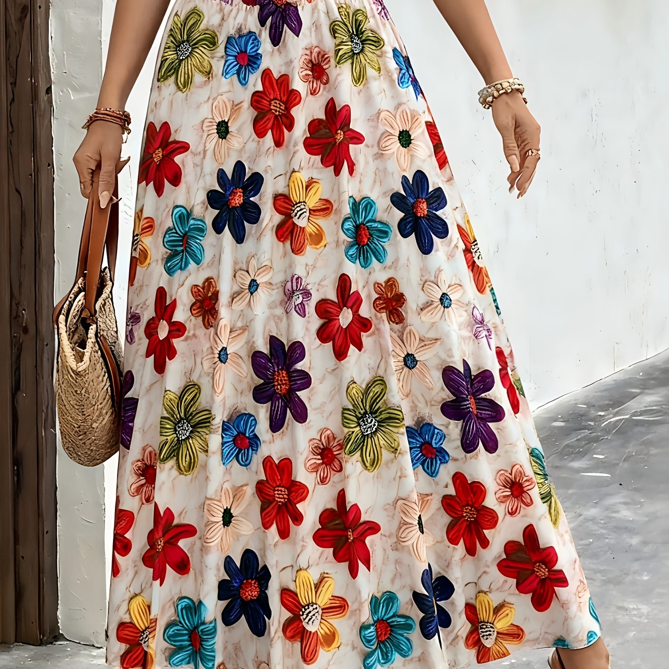 TEMU Elegancka spódnica midi damska w kwiatowy wzór - Żywy, wielokolorowy kwiatowy wzór z elastycznym pasem, uniwersalna na każdą porę roku, od stylu