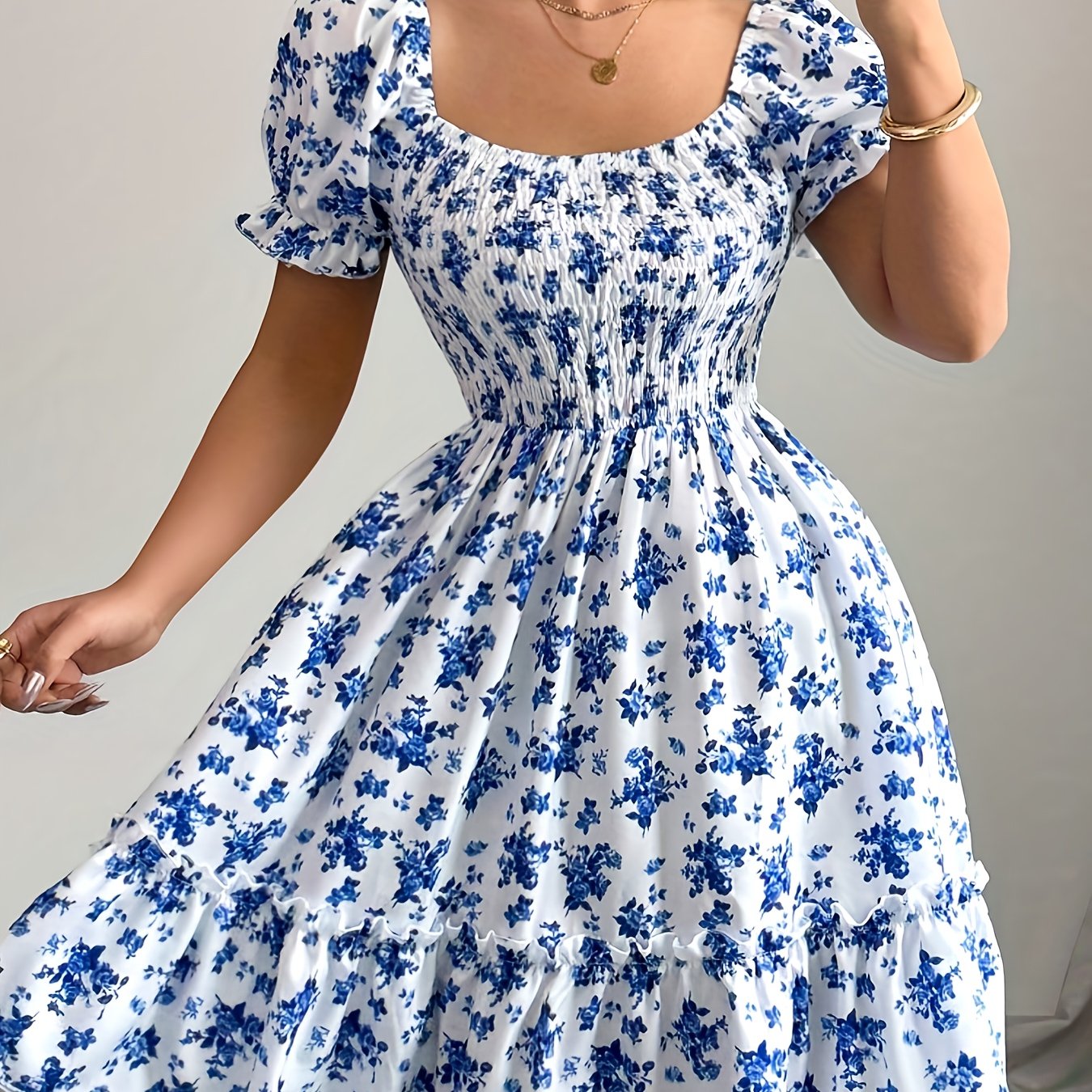 TEMU Damska Mini Sukienka w Kwiatowy Wzór - Elegancka Sukienka na Imprezę i na Co Dzień, Rozkloszowany Dół, Kwadratowy Dekolt, Lekka Letnia Sukienka