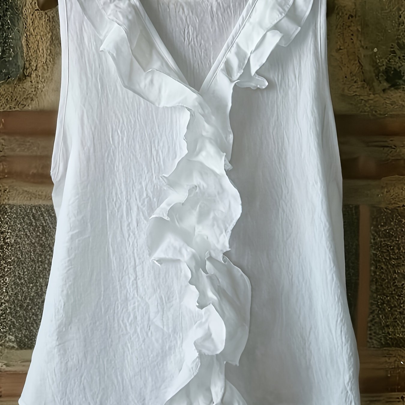 TEMU Elegancka i wygodna damska bluzka w stylu vintage, wykonana z mieszanki lnu, oddychająca, z dekoltem w serek, bez rękawów, z falbankami, idealna