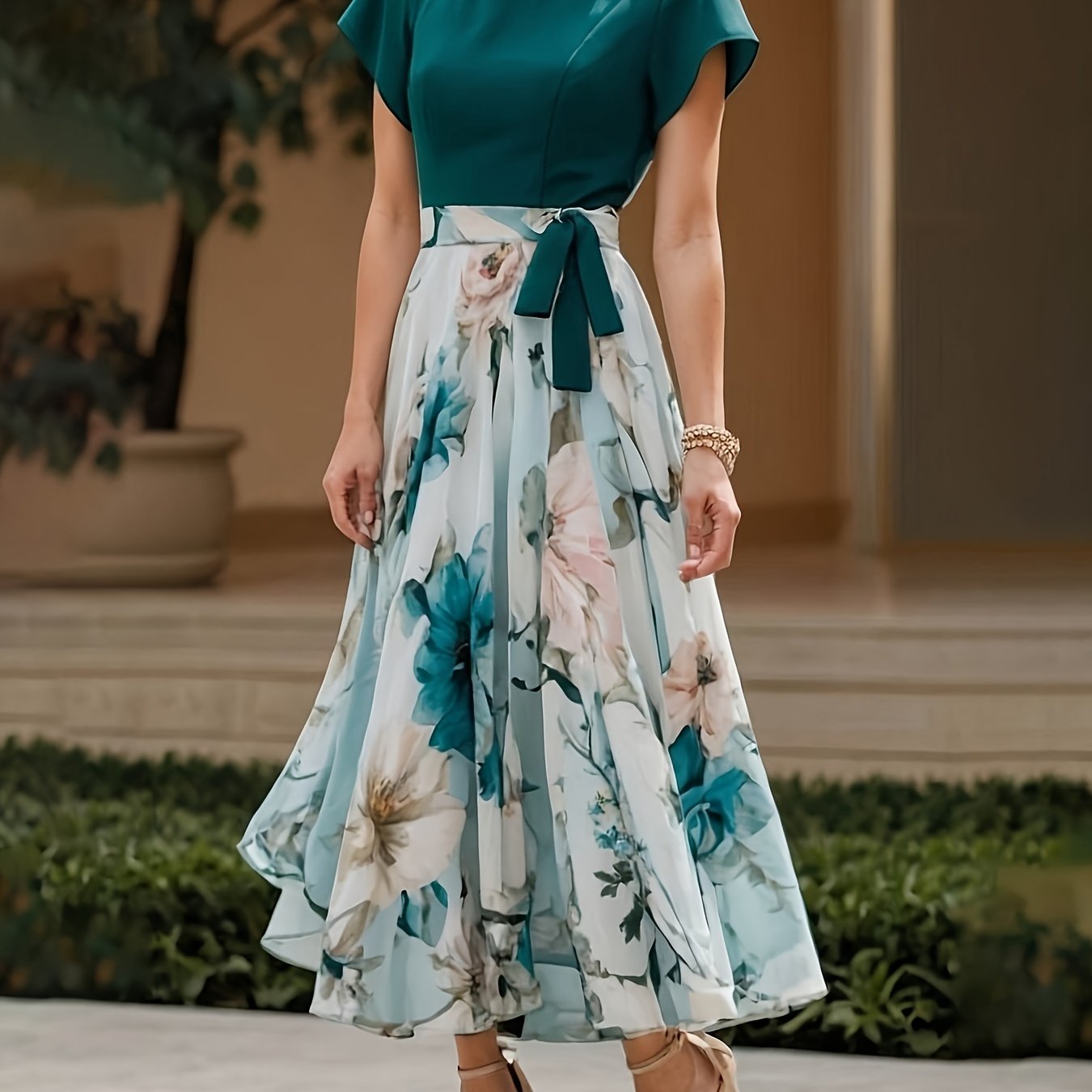 TEMU elegancka sukienka damska na wiosnę i z żywymi kwiatowymi wzorami i kontrastowymi kolorami, z krótkim rękawem.