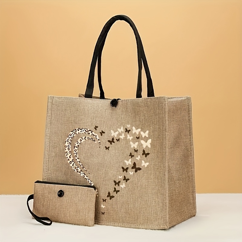 TEMU [Torebka] 2 szt. Zestaw torebki i portfela w panterkę z motywem motyla i , lekka torba na zakupy zapinana na z kieszenią na akcesoria, przenośna