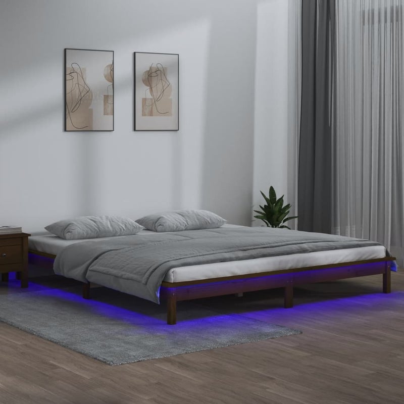 Łóżko Drewniane Brązowe Rama Łóżka Ze Stelażem Drewniana Do Sypialni Pokoju LED 200x200 cm