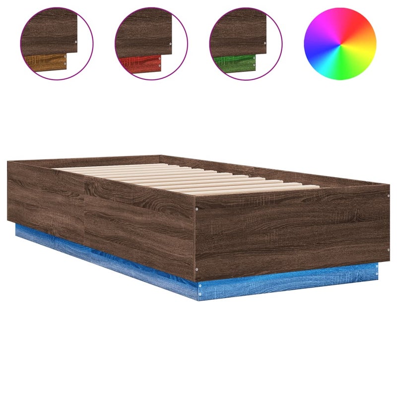 Łóżko Brązowe Rama Łóżka Ze Stelażem Łóżko Do Sypialni Pokoju LED 100x200 cm