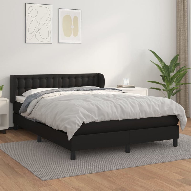 Łóżko z Materacem Czarna Ekoskóra Kontynentalne Łóżko Tapicerowane Do Sypialni Pokoju 140x190 cm