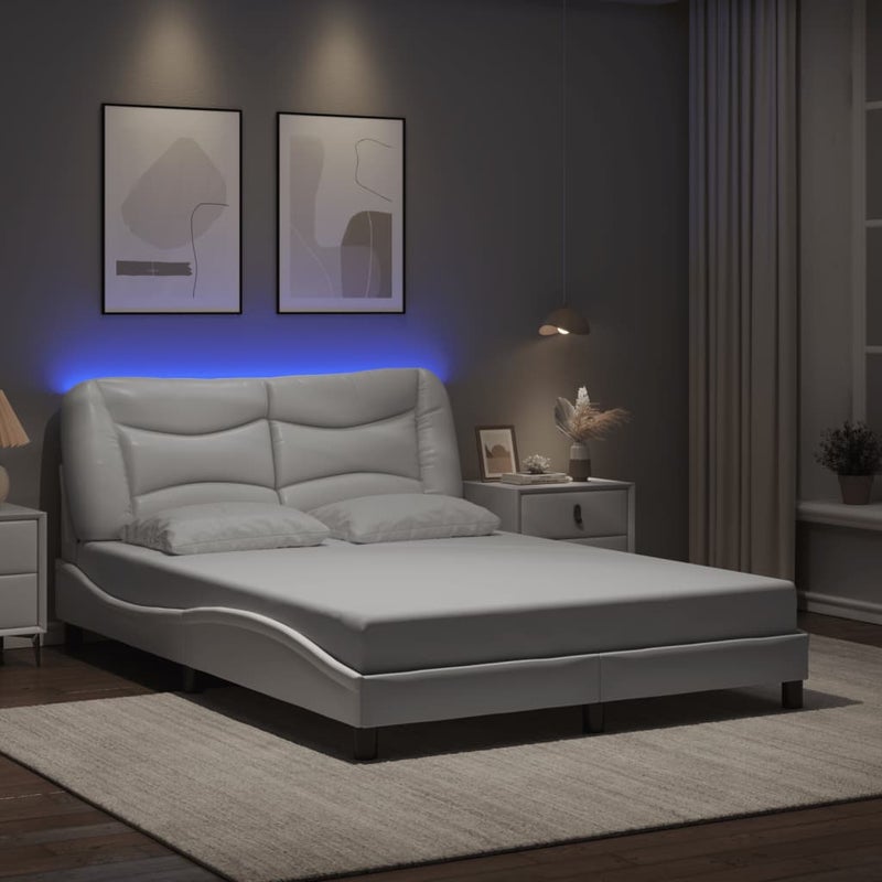 Łóżko Tapicerowane Białe Ekoskóra Rama Łóżka Ze Stelażem LED 140x200 cm