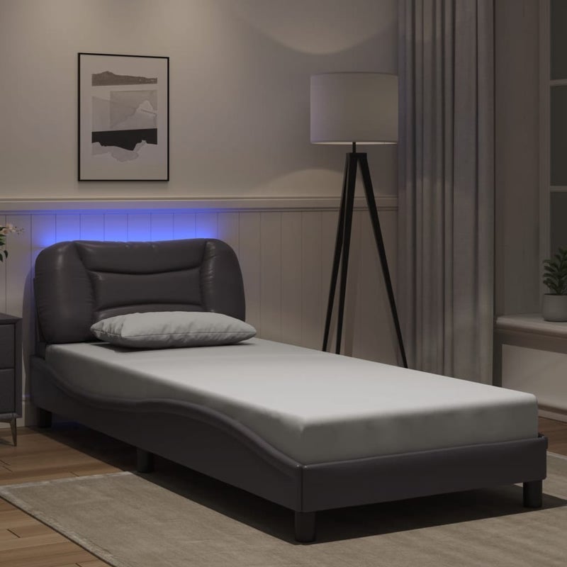 Łóżko Tapicerowane Rama Łóżka Ze Stelażem Szara Ekoskóra LED 80x200 cm
