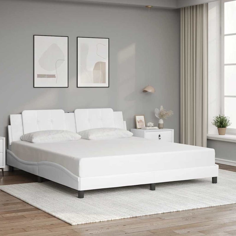 Łóżko Tapicerowane Białe Ekoskóra Rama Łóżka Ze Stelażem 180x200 cm