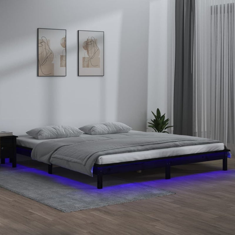 Łóżko Drewniane Czarne Rama Łóżka Ze Stelażem Drewniana Łóżko Do Sypialni Pokoju LED 120x190 cm