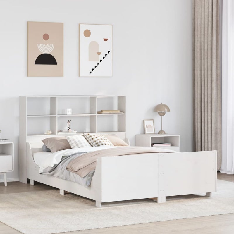 Łóżko Drewniane z Regałem Rama Łóżka Ze Stelażem Biała 160x200 cm