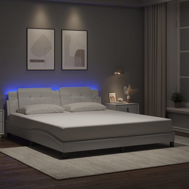 Łóżko Tapicerowane Białe Ekoskóra Rama Łóżka Ze Stelażem LED 180x200 cm