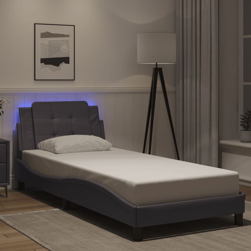 Łóżko Tapicerowane Rama Łóżka Ze Stelażem Szara Ekoskóra LED 80x200 cm