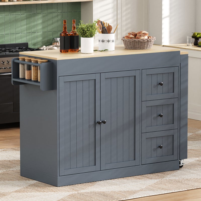 Wyspa kuchenna z rozkładanym stołem jadalnym - 2 drzwi i 3 szuflady - 130/186,8 x 45 x 93 cm - MDF - Szara