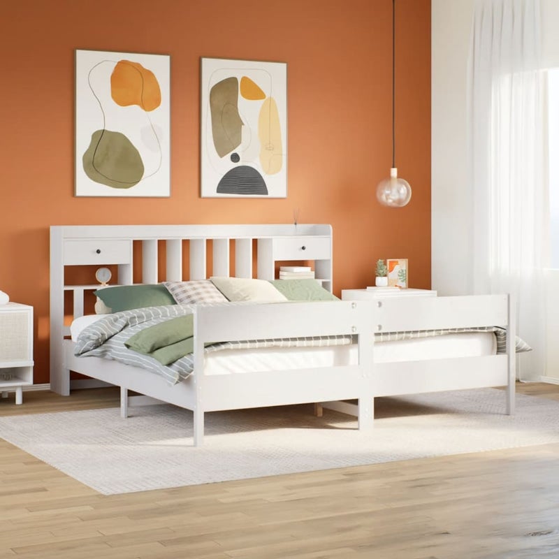 Łóżko Drewniane z Regałem Rama Łóżka Ze Stelażem Biała 180x200 cm