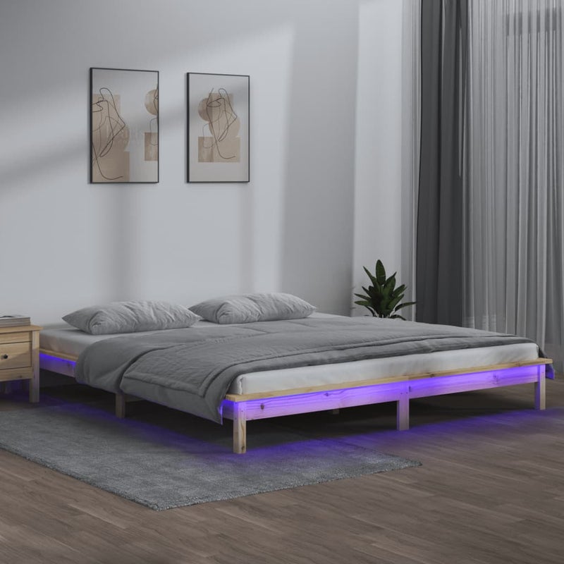 Łóżko Drewniane Brązowe Rama Łóżka Ze Stelażem Drewniana Do Sypialni Pokoju LED 150x200 cm