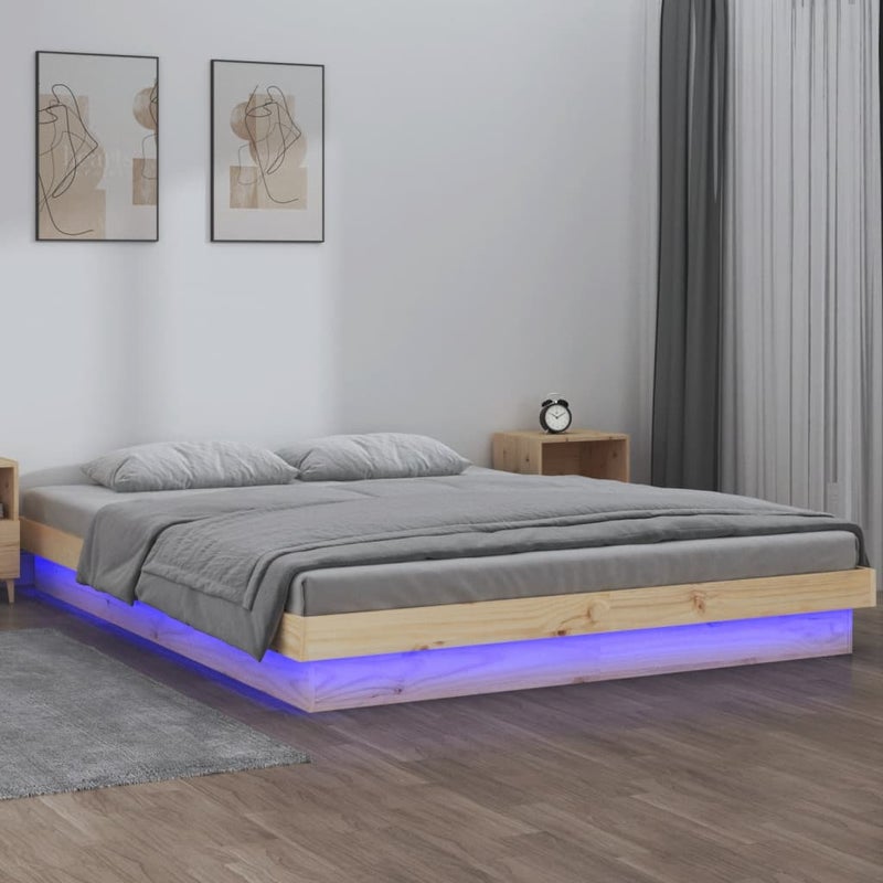 Łóżko Drewniane Brązowe Rama Łóżka Ze Stelażem Drewniana Do Sypialni Pokoju LED 140x190 cm