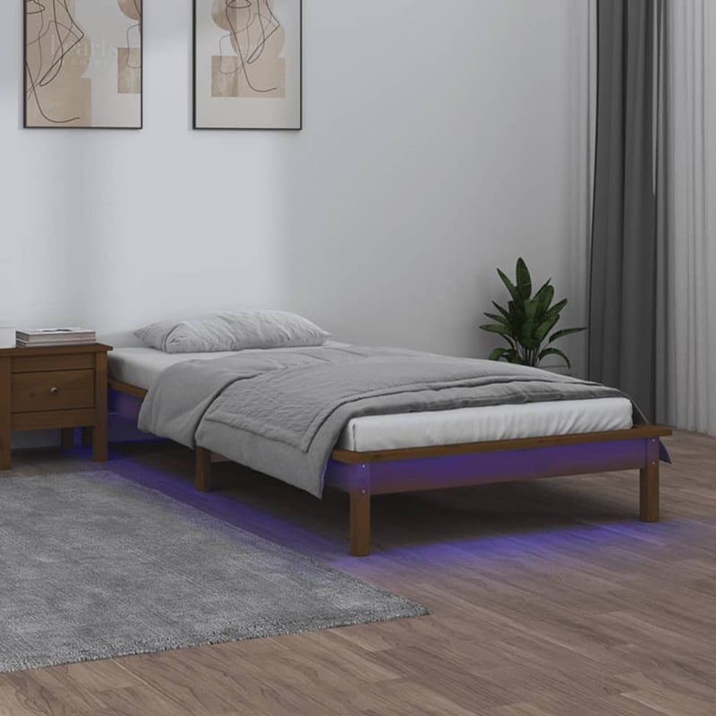 Łóżko Drewniane Rama Łóżka Sofa Brązowe Do Sypialni Pokoju LED 90x200 cm
