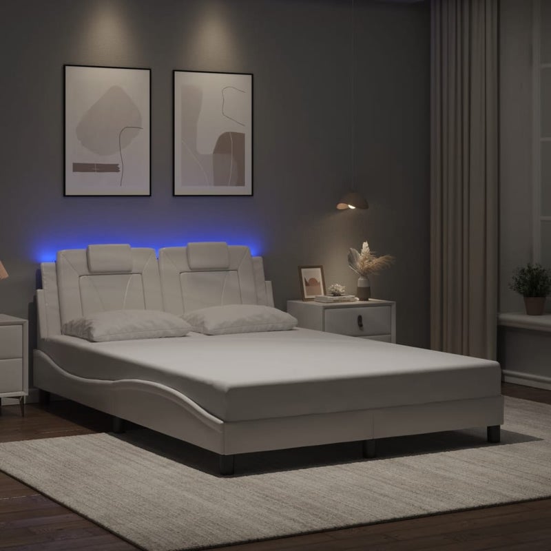 Łóżko Tapicerowane Białe Ekoskóra Rama Łóżka Ze Stelażem LED 140x200 cm