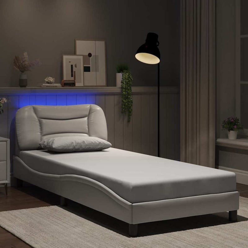 Łóżko Tapicerowane Białe Ekoskóra Rama Łóżka Ze Stelażem LED 80x200 cm