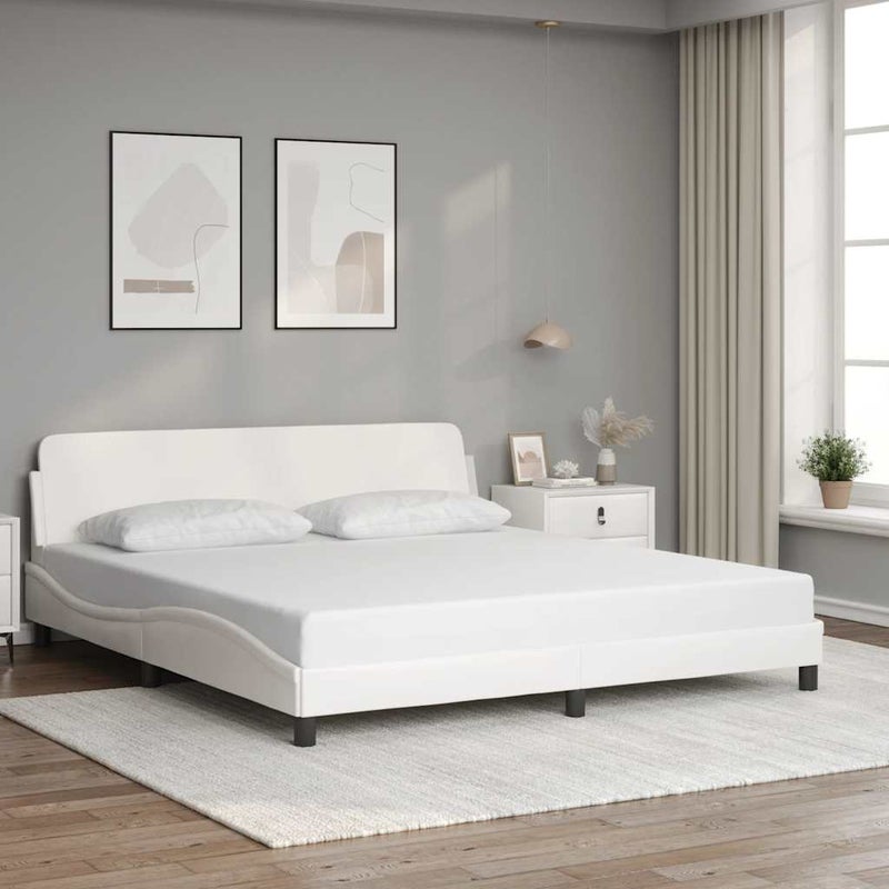 Łóżko Tapicerowane Białe Ekoskóra Rama Łóżka Ze Stelażem 180x200 cm