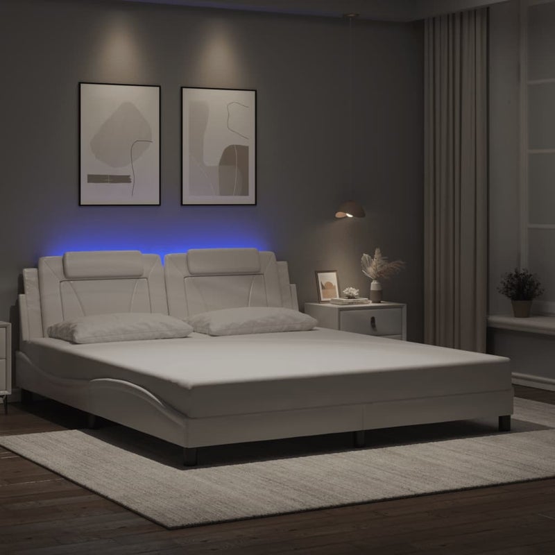 Łóżko Tapicerowane Białe Ekoskóra Rama Łóżka Ze Stelażem LED 180x200 cm