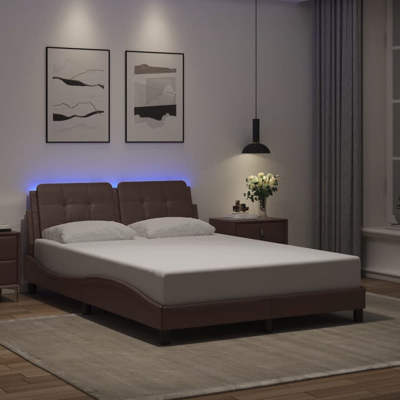 Łóżko Tapicerowane Brązowa Ekoskóra Rama Łóżka Ze Stelażem LED 120x200 cm
