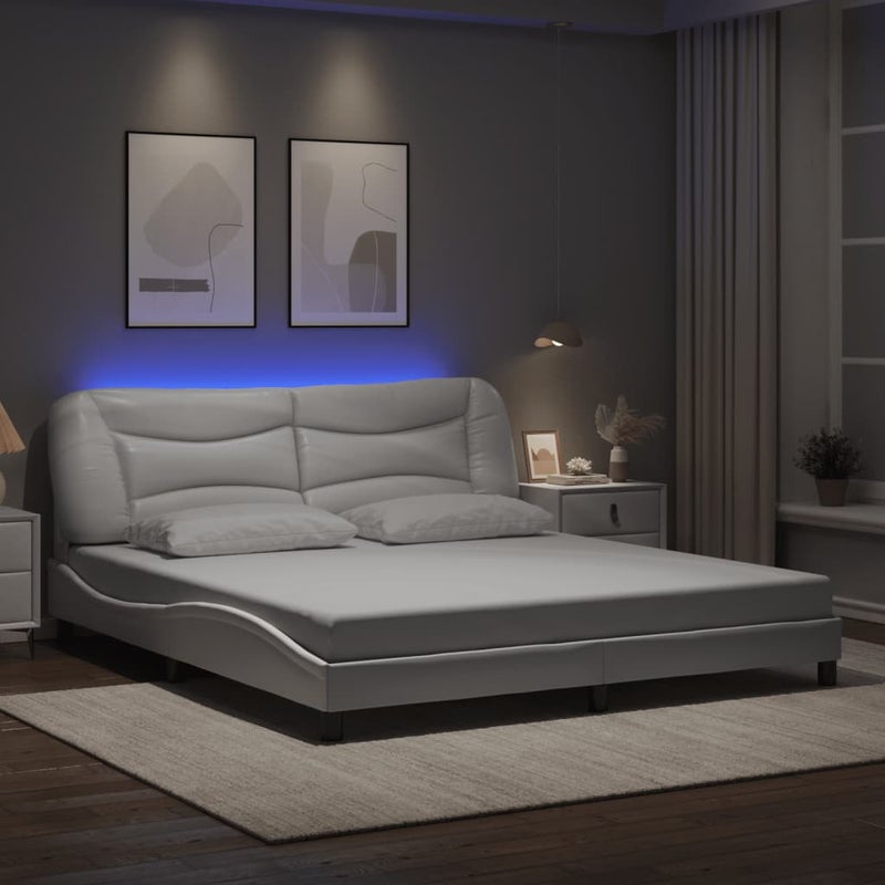 Łóżko Tapicerowane Białe Ekoskóra Rama Łóżka Ze Stelażem LED 180x200 cm