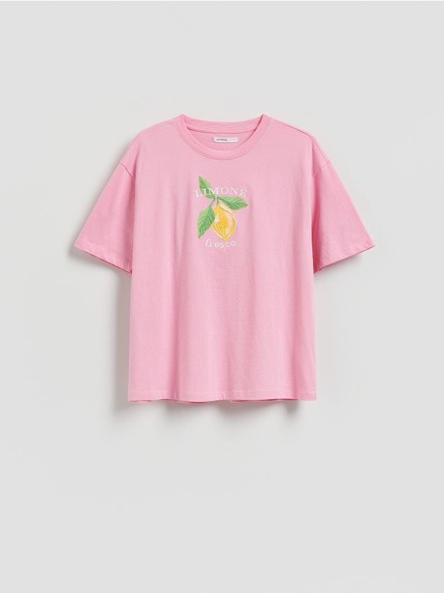 Reserved - T-shirt z nadrukiem i haftem - różowy