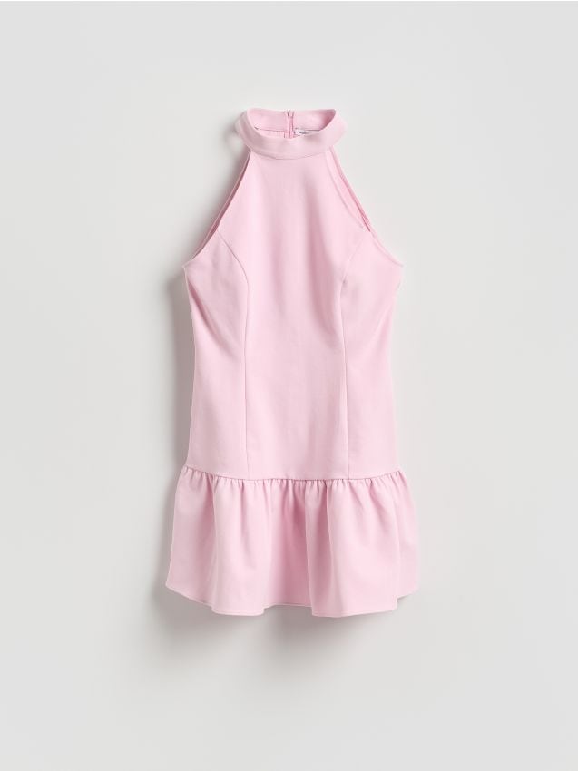 Reserved - Sukienka mini z dekoltem halter - różowy