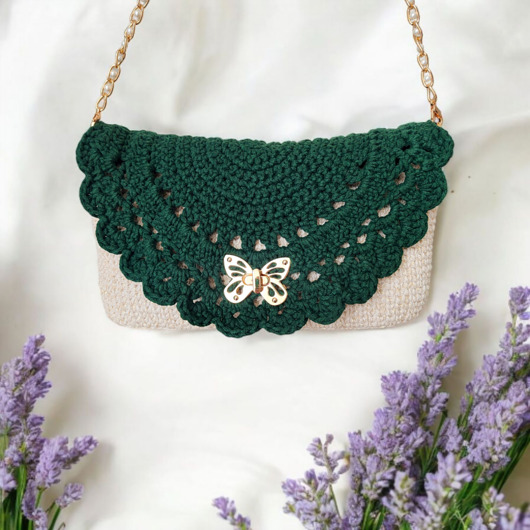 Ażurowa torebka z motylem ecru + zieleń