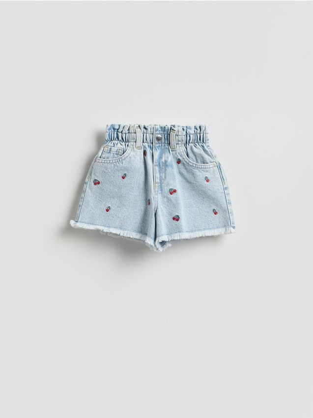 Reserved - Jeansowe szorty paperbag z haftem - niebieski