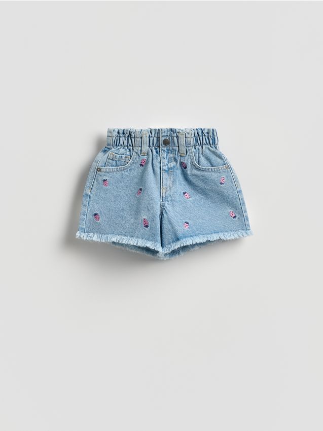 Reserved - Jeansowe szorty paperbag z haftem - niebieski