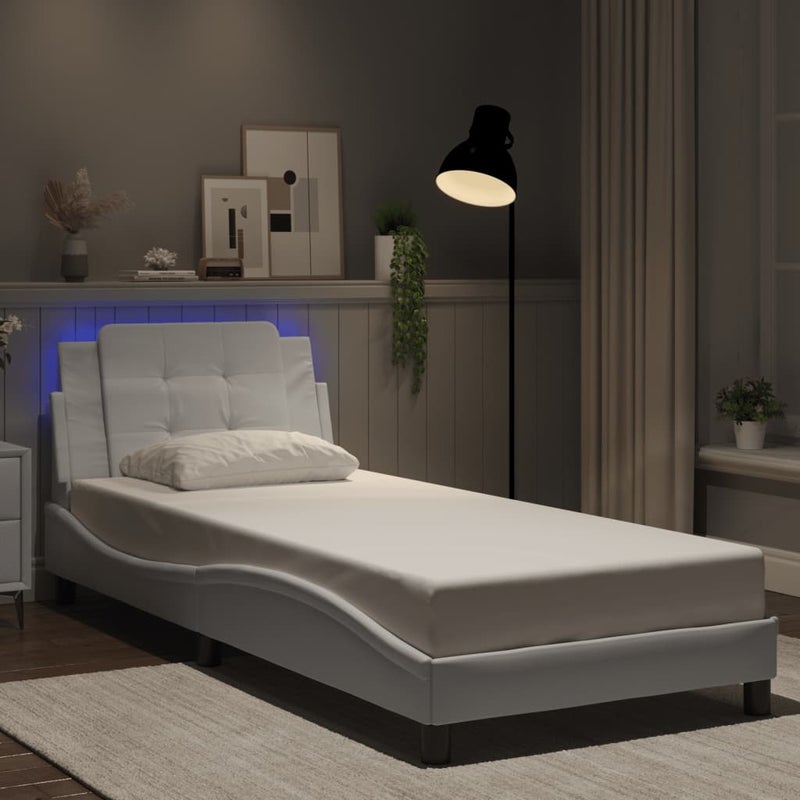 Łóżko tapicerowane rama łóżka ze stelażem białe skóra led 90x200 cm