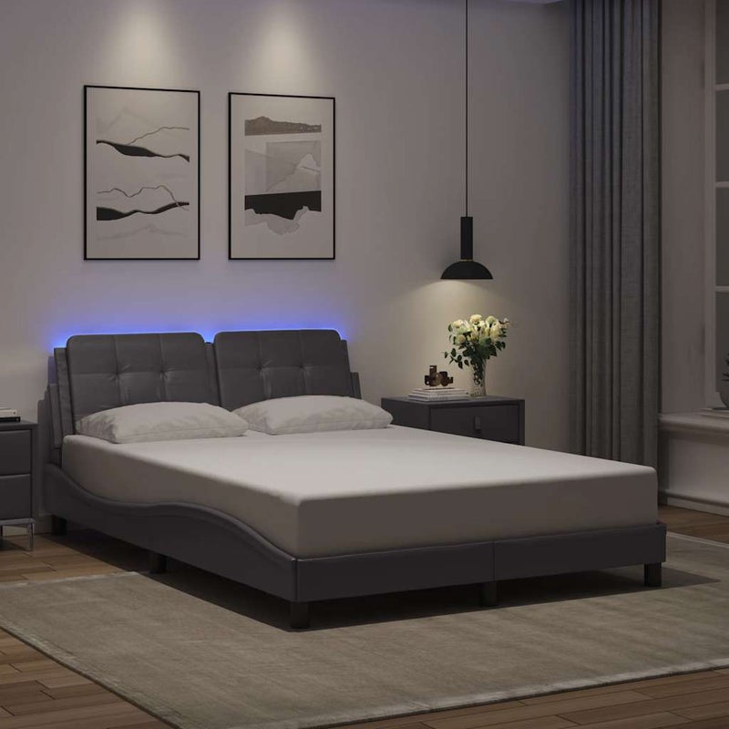 Łóżko tapicerowane rama łóżka ze stelażem szara skóra led 140x200 cm